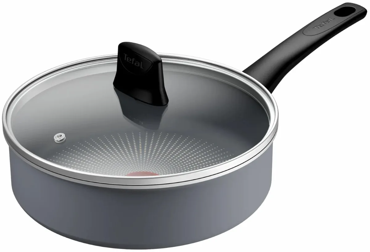Сковорода Tefal Halo, 24 см, з кришкою, алюмінієва, бакелітова ручка, скляна кришка, сірого кольору.