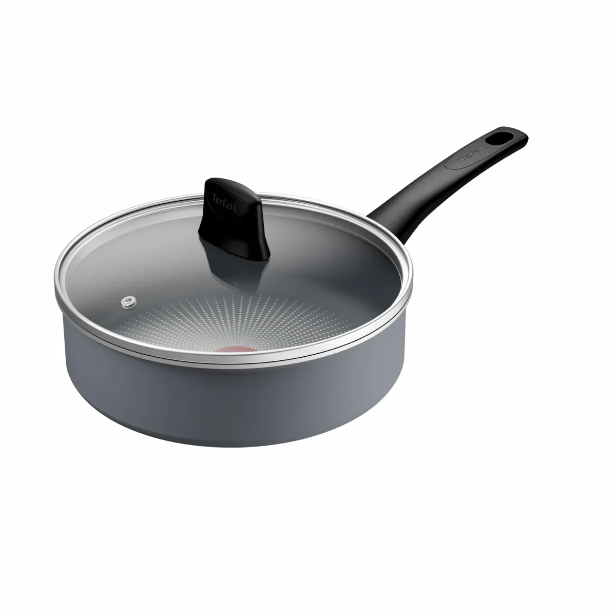 Сковорода Tefal Halo, 24 см, з кришкою, алюмінієва, бакелітова ручка, скляна кришка, сірого кольору.