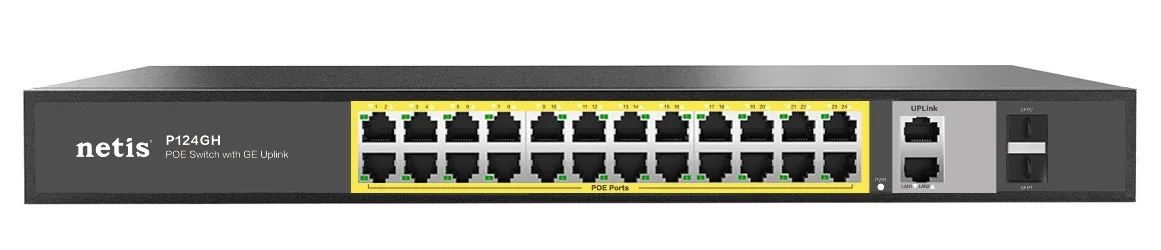 Комутатор Netis P124GH 24xFE PoE, 4xGE (2xUplink, 2xSFP), 360Вт, Некерований