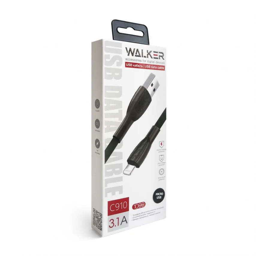 Кабель USB WALKER тканинний 1м Micro чорний 3,1А Quick Charge