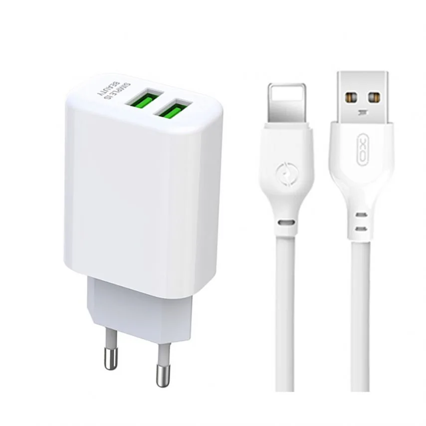Мережевий зарядний пристрій XO адаптер 2USB 2.4А з кабелем Lightning білий