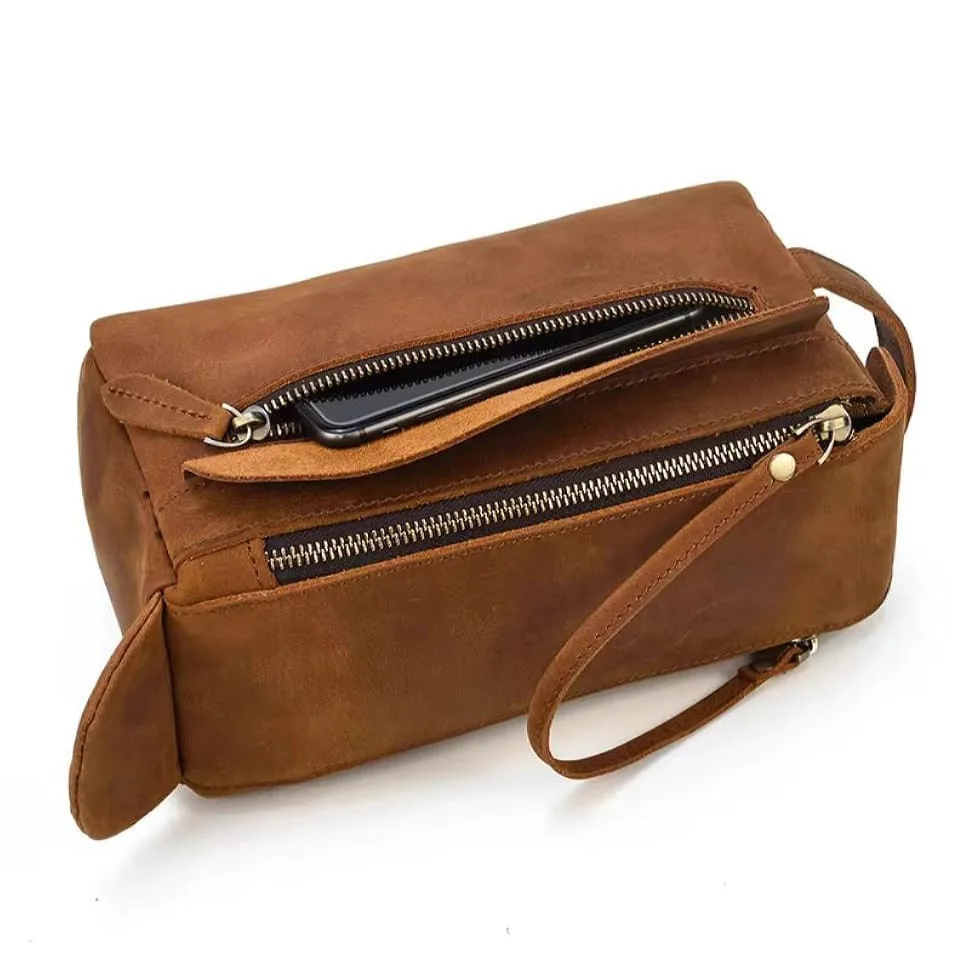 Косметичка Tiding коньячная из натуральной кожи для женщин с одним отделением и золотой фурнитурой