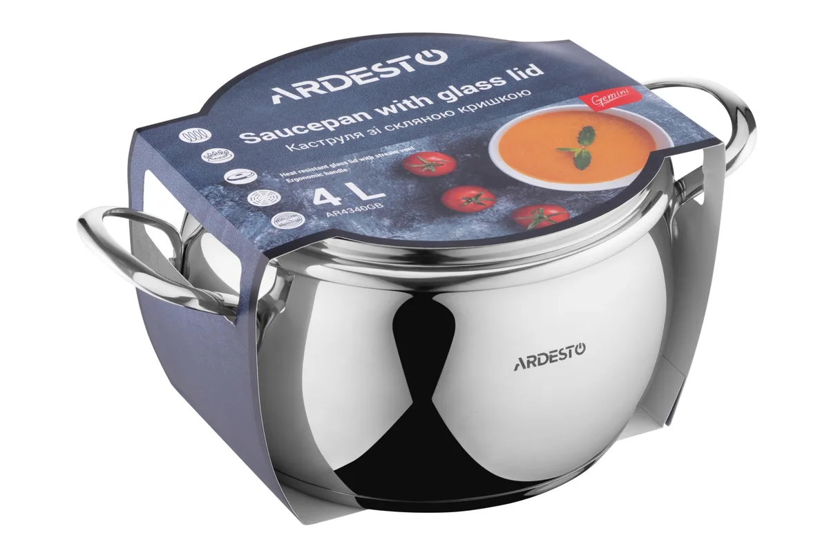 Каструля з прозорою кришкою ARDESTO Gemini Liguria, 4 л, з нержавіючої сталі.