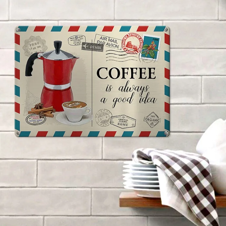 Интерьерная табличка металл 26х18,5 см белая Coffee is always good idea