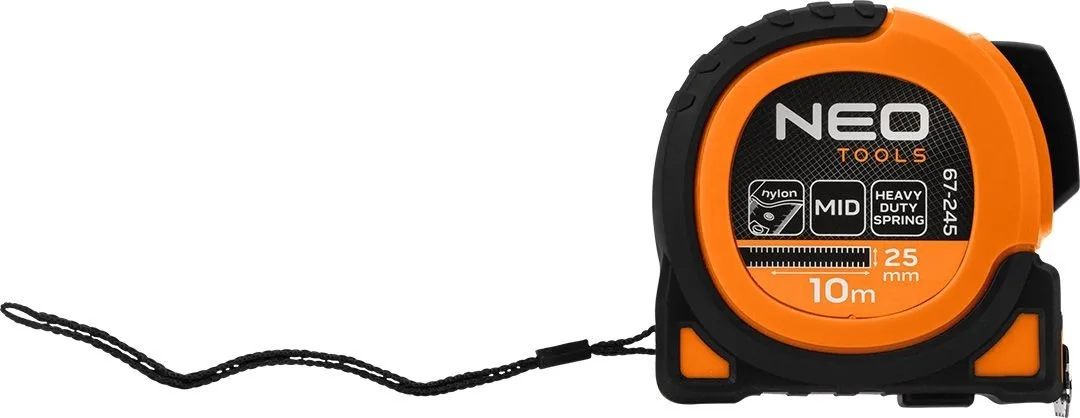 Рулетка Neo Tools Ultra Black, 10м x 25мм, з фіксатором для зручного змотування, магнітна.