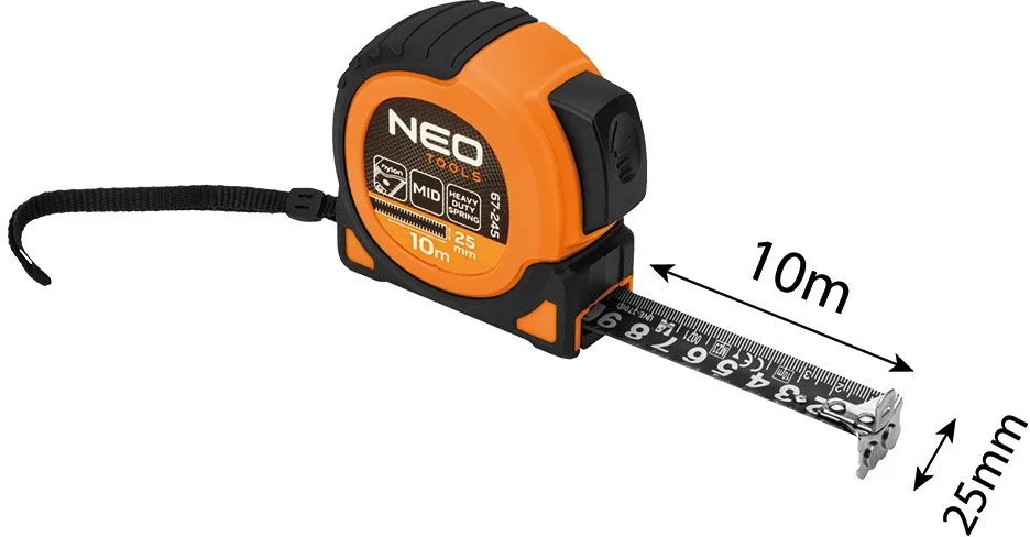 Рулетка Neo Tools Ultra Black, 10м x 25мм, з фіксатором для зручного змотування, магнітна.