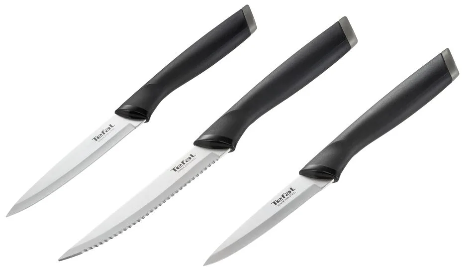 Набір кухонних ножів Tefal Essential, 3 шт, із нержавіючої сталі, пластикові ручки, чорний.