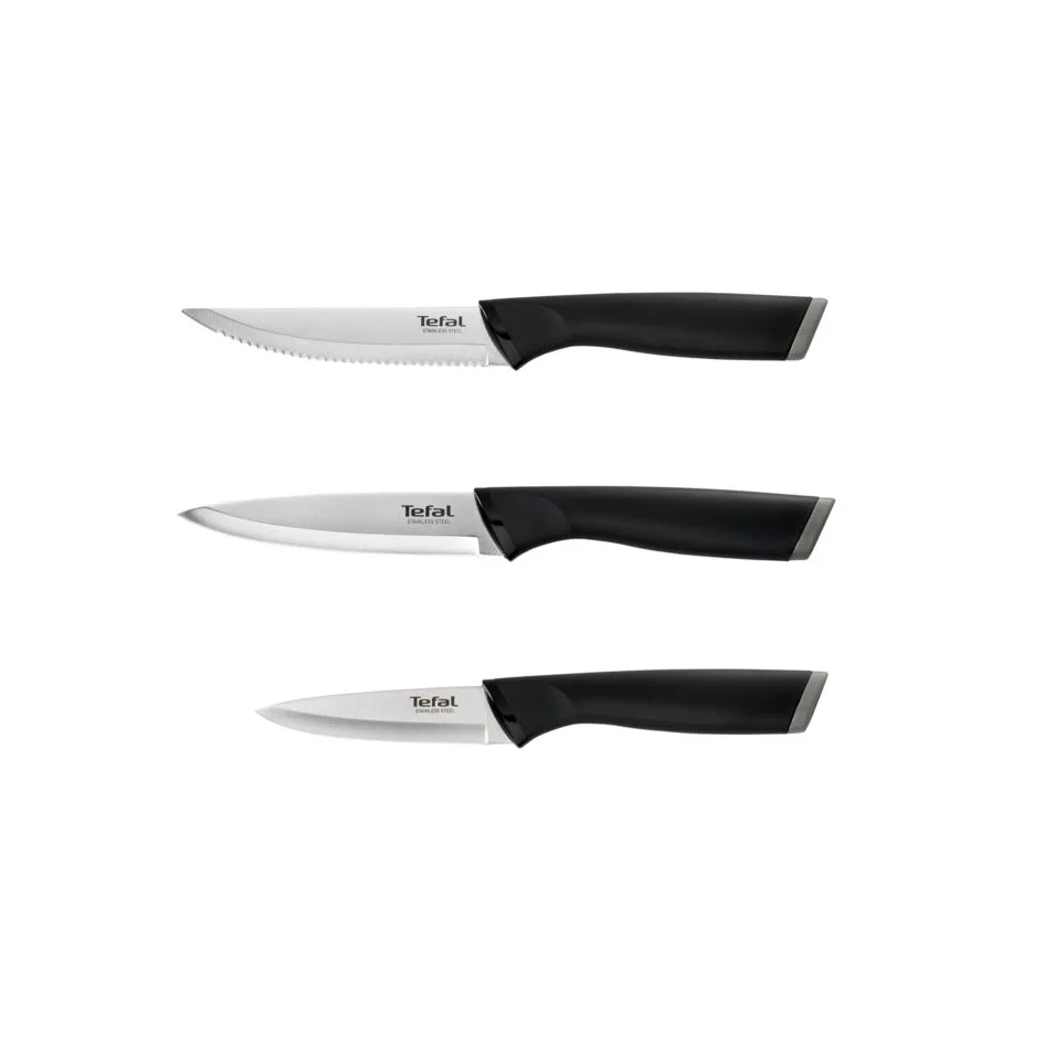 Набір кухонних ножів Tefal Essential, 3 шт, із нержавіючої сталі, пластикові ручки, чорний.