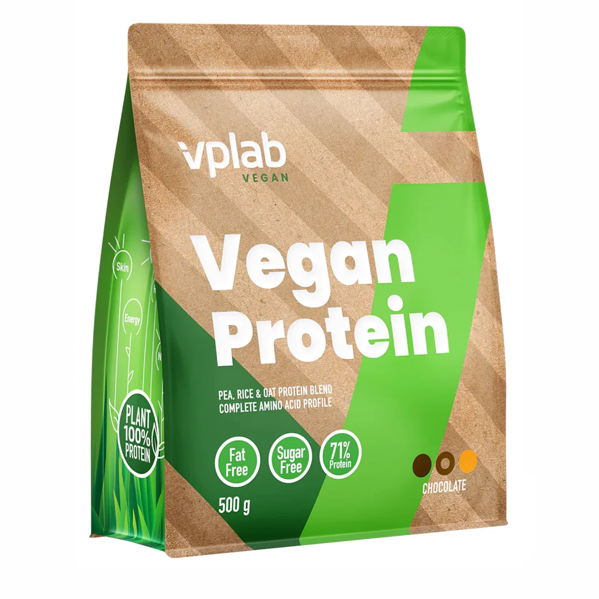VPLab Vegan Protein 500 г Горох Овес Рис Шоколад на українську мову буде: VPLab Веганський Протеїн 500 г Горох Овес Рис Шоколад.