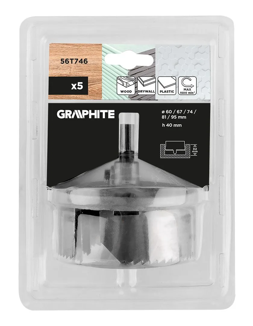 Коронки по дереву GRAPHITE 60 67 74 81 95мм 5шт набір для вирізання отворів в деревині та плитах