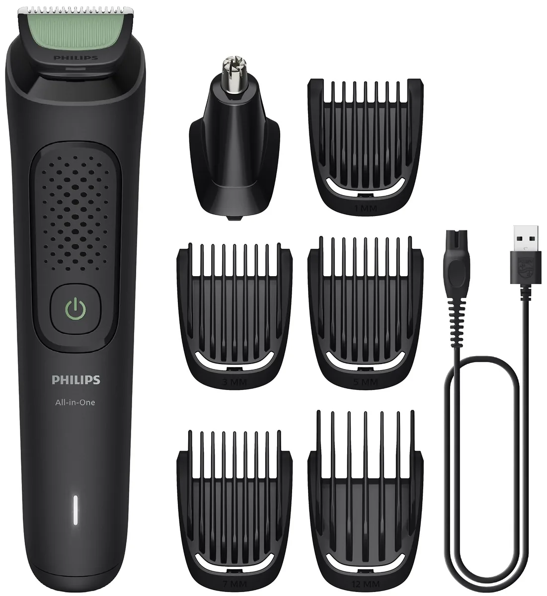 Універсальний тример Philips 3000 Series для обличчя, голови та носа, акумуляторний, 7 насадок, сталева лезо, чорний.