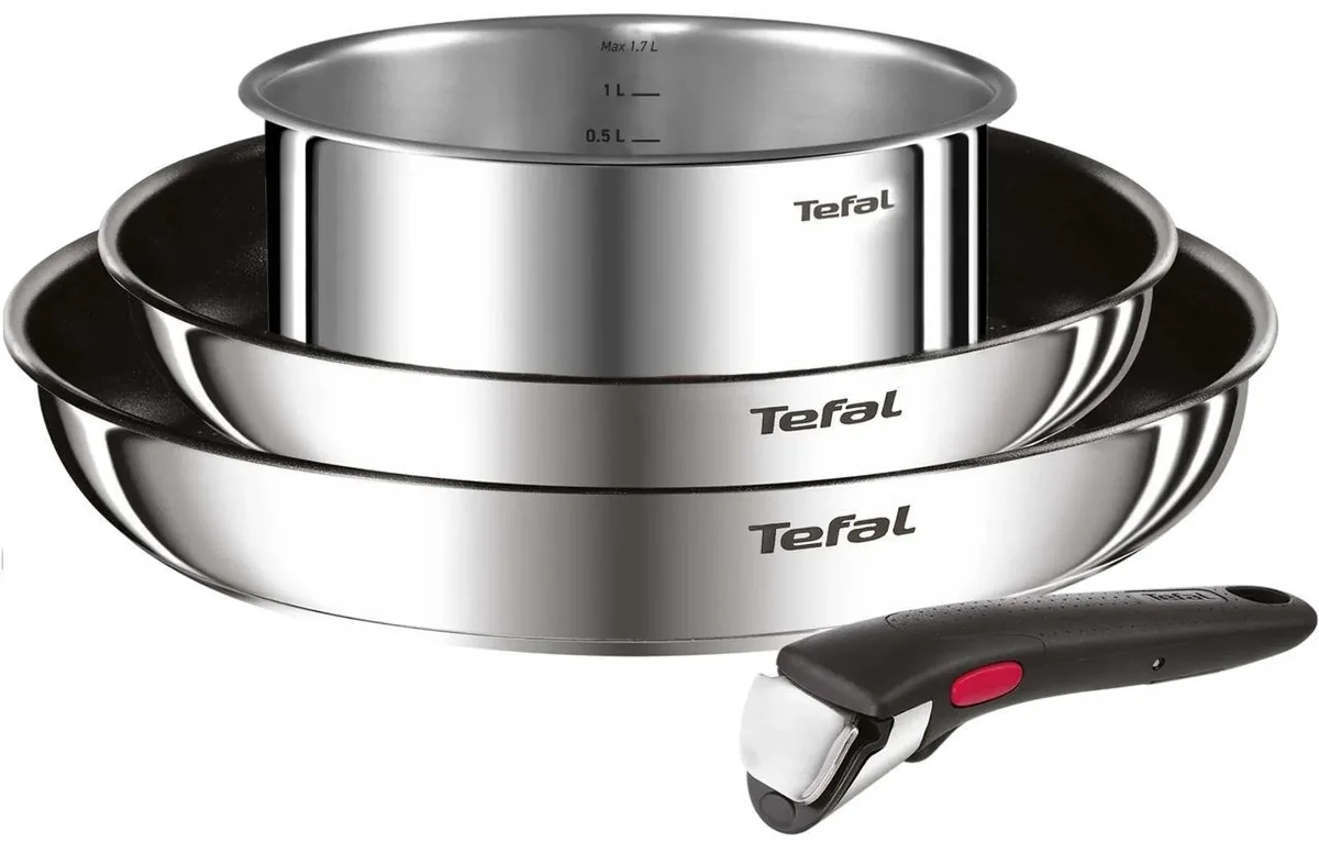 Набір кухонного посуду Tefal Ingenio Cook Eat, 4 предмети, з нержавіючої сталі та бакеліту, з металевими елементами.