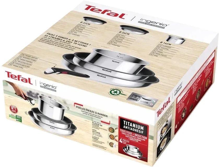 Набір кухонного посуду Tefal Ingenio Cook Eat, 4 предмети, з нержавіючої сталі та бакеліту, з металевими елементами.