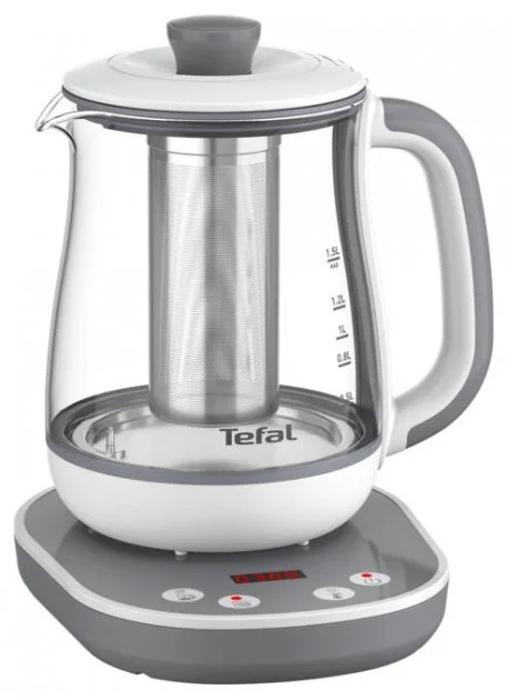 Электрический чайник Tefal Tastea для заваривания чая 15 л, стеклянный, с функцией заваривания, бело-серого цвета.