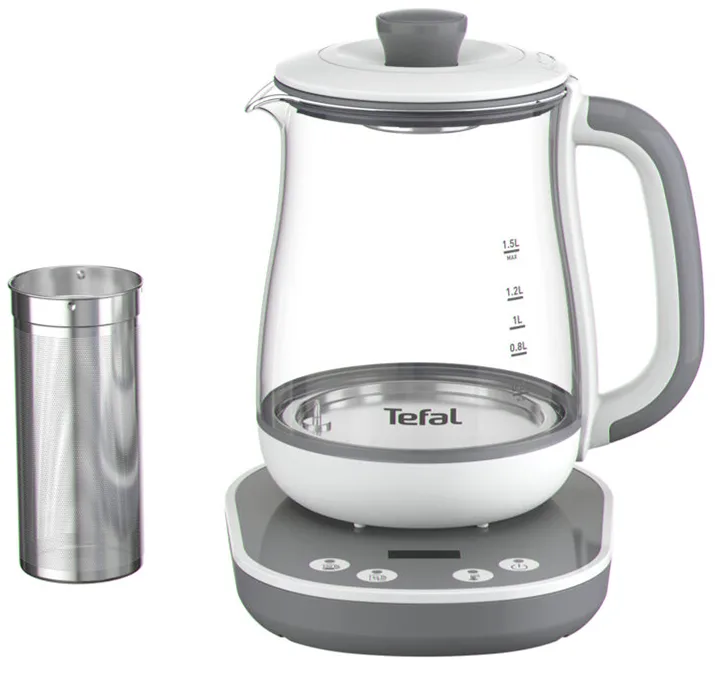 Электрический чайник Tefal Tastea для заваривания чая 15 л, стеклянный, с функцией заваривания, бело-серого цвета.