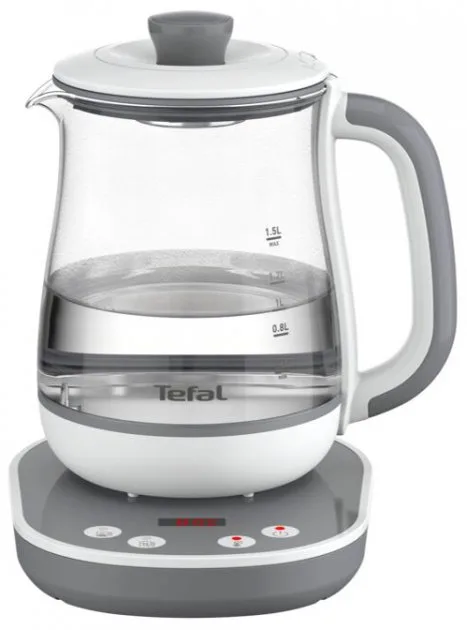 Электрический чайник Tefal Tastea для заваривания чая 15 л, стеклянный, с функцией заваривания, бело-серого цвета.
