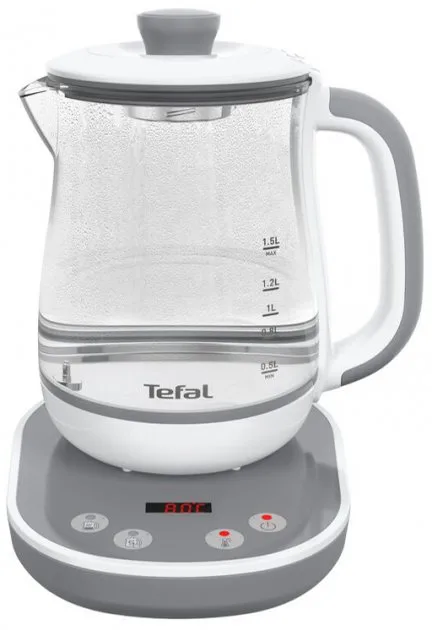 Электрический чайник Tefal Tastea для заваривания чая 15 л, стеклянный, с функцией заваривания, бело-серого цвета.