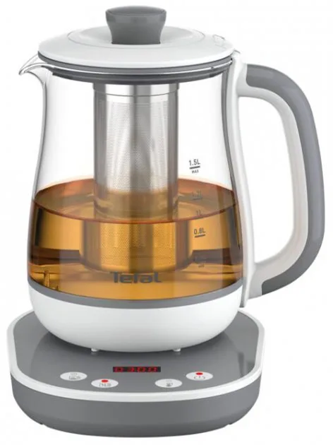 Электрический чайник Tefal Tastea для заваривания чая 15 л, стеклянный, с функцией заваривания, бело-серого цвета.