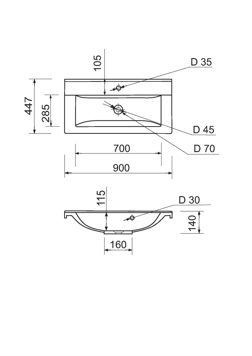 Раковина, умивальник Adamant QUANTO, з штучного каменю, прямокутної форми, з місцем для змішувача та отвором для переливу.