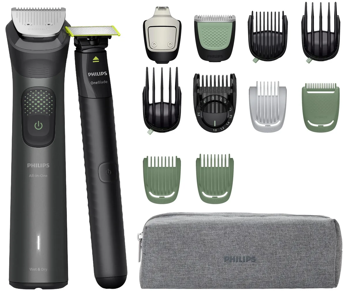 Тример Philips Series 9000 для обличчя, голови та тіла, акумуляторний, 15 насадок у комплекті, сталевий, сірого кольору.