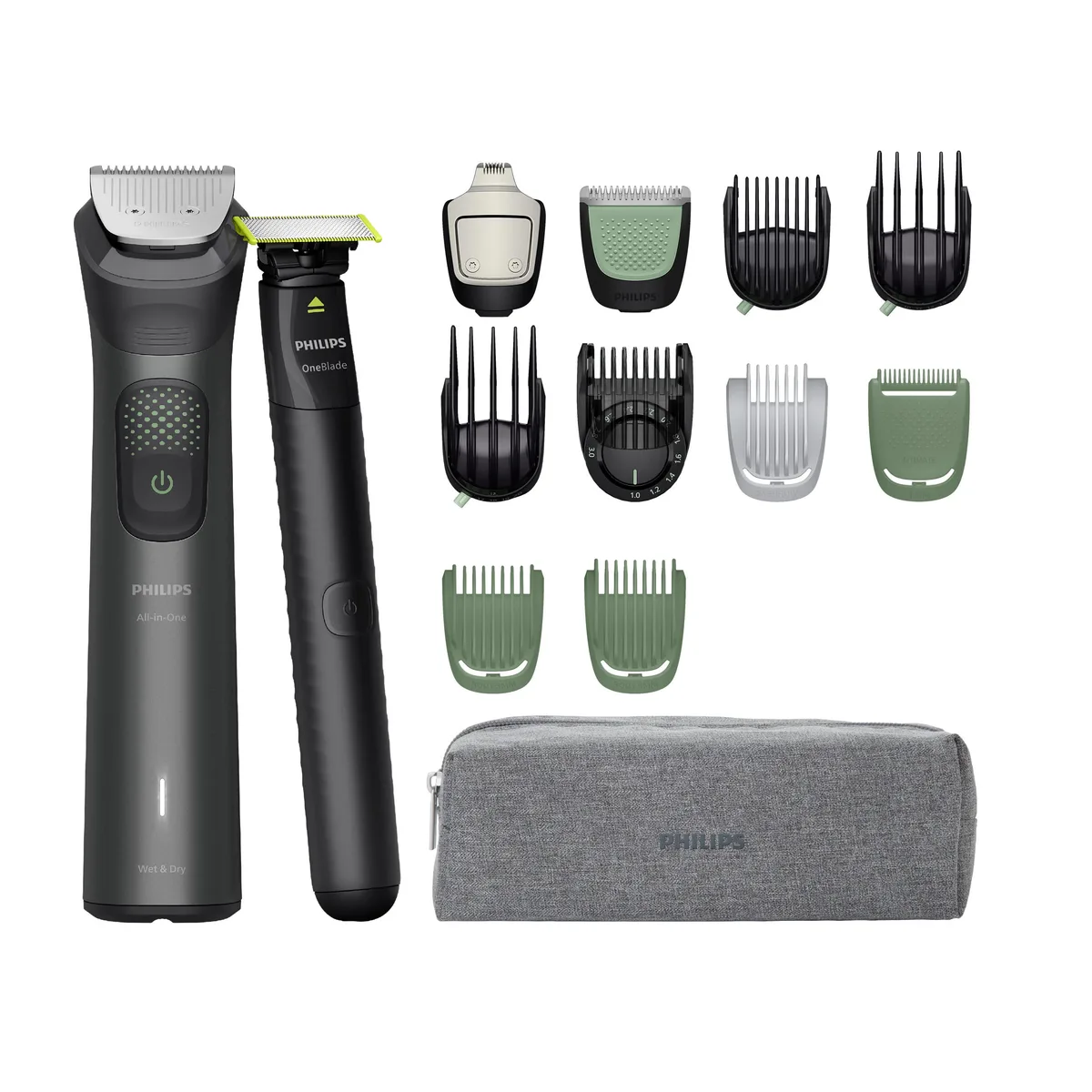 Тример Philips Series 9000 для обличчя, голови та тіла, акумуляторний, 15 насадок у комплекті, сталевий, сірого кольору.