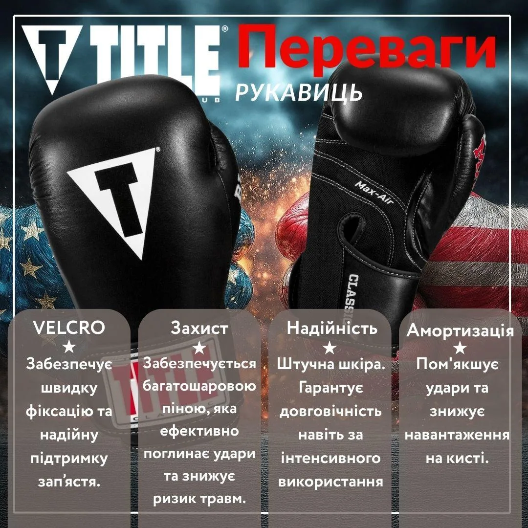Боксерські рукавиці TITLE 16 oz синтетична шкіра чорні