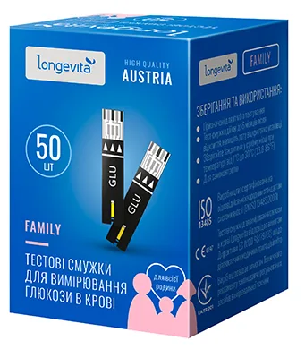 Тест-смужки для глюкометра Longevita Family 50 шт капілярна кров 0,5-33,3 ммоль/л