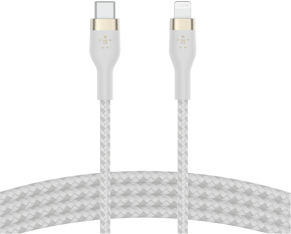 Кабель USB-C > Lightning заряджання/синхронізації Belkin 1м, Type-C, плетений, силіконовий, з ремінцем на магніті, білий