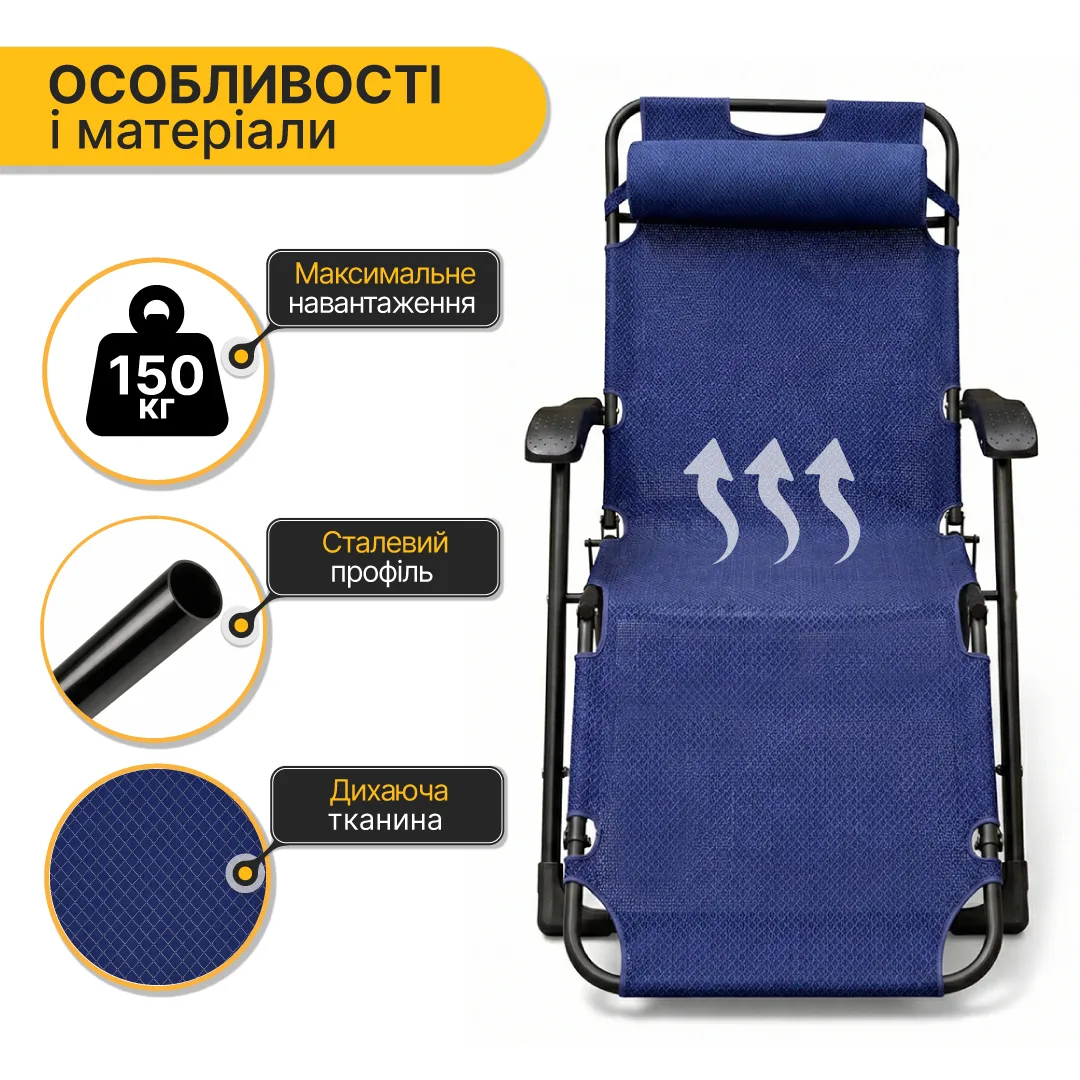 Розкладне крісло-ліжко LEOBRO Сталева труба 175х66х77 см Темно-синій