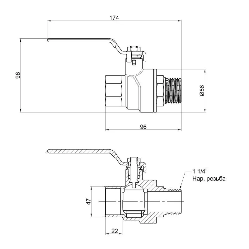 Кран кульовий 1 1/4" ВЗ латунний нікельований Thermo Alliance Forte 174х56х96 мм