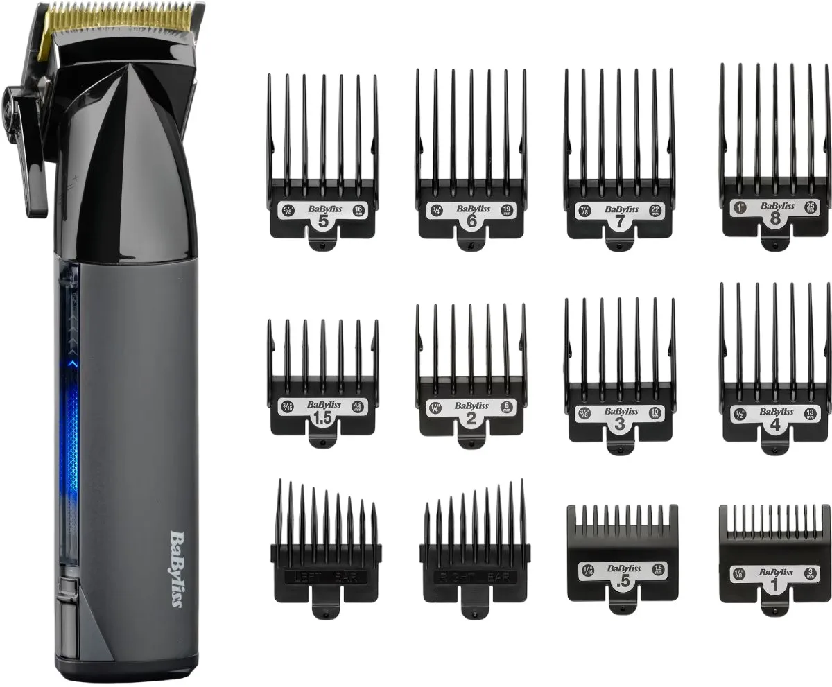 Машинка для стриження Babyliss Super-X Metal Series, акумуляторна, 12 насадок, сталь з графітовим покриттям, чорна.