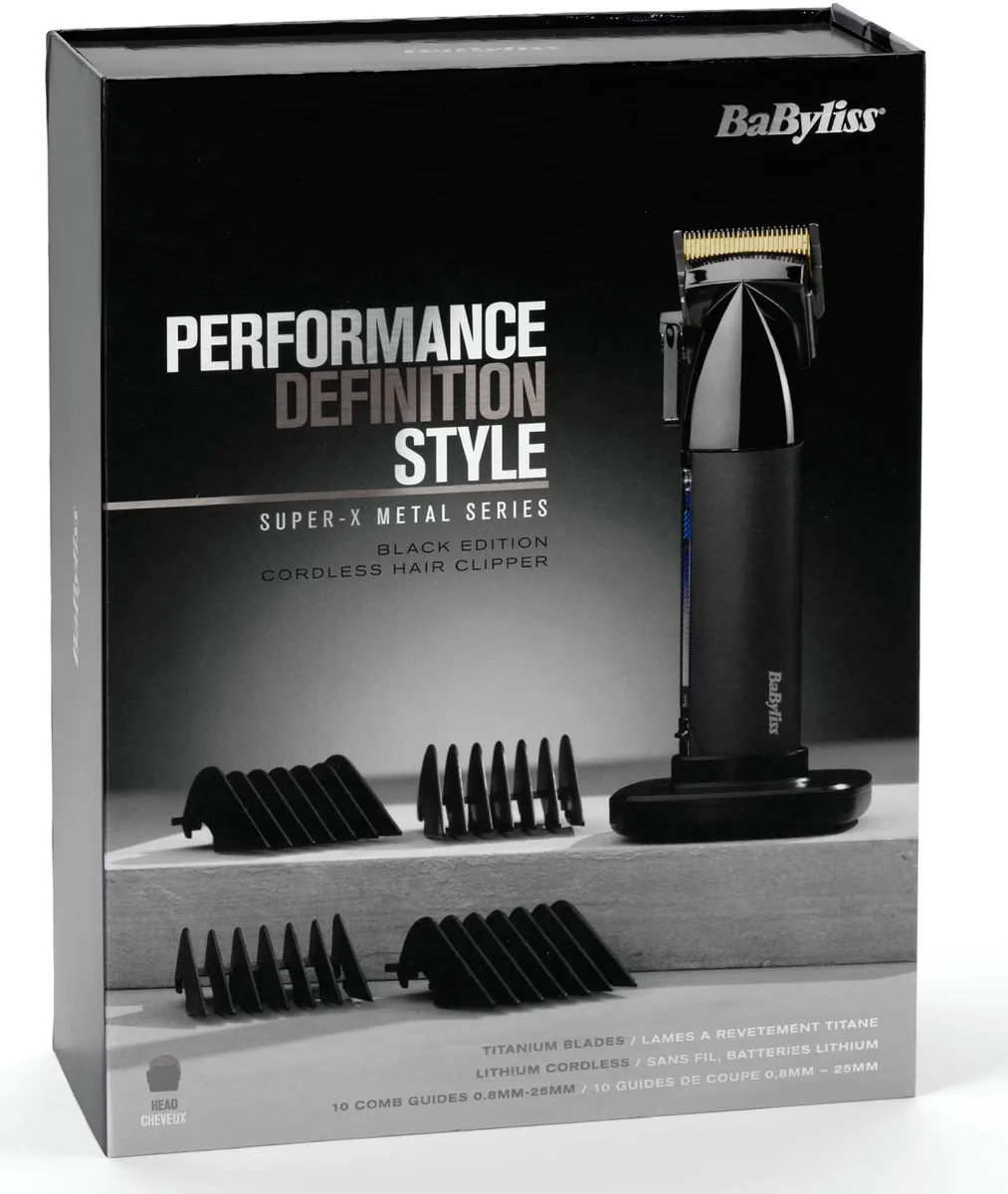 Машинка для стриження Babyliss Super-X Metal Series, акумуляторна, 12 насадок, сталь з графітовим покриттям, чорна.