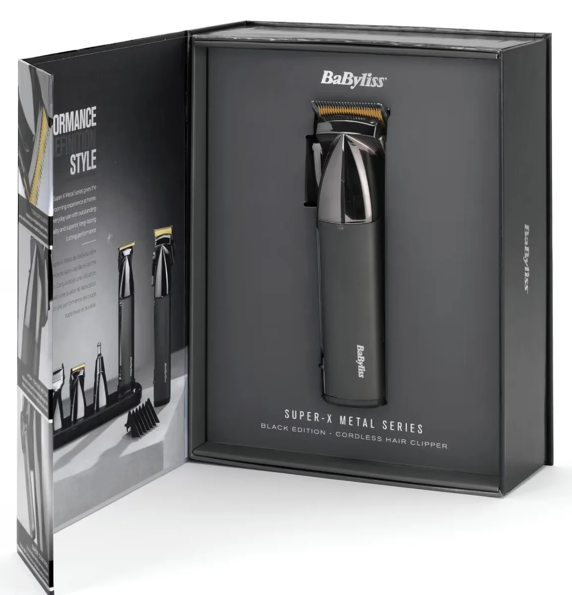 Машинка для стриження Babyliss Super-X Metal Series, акумуляторна, 12 насадок, сталь з графітовим покриттям, чорна.