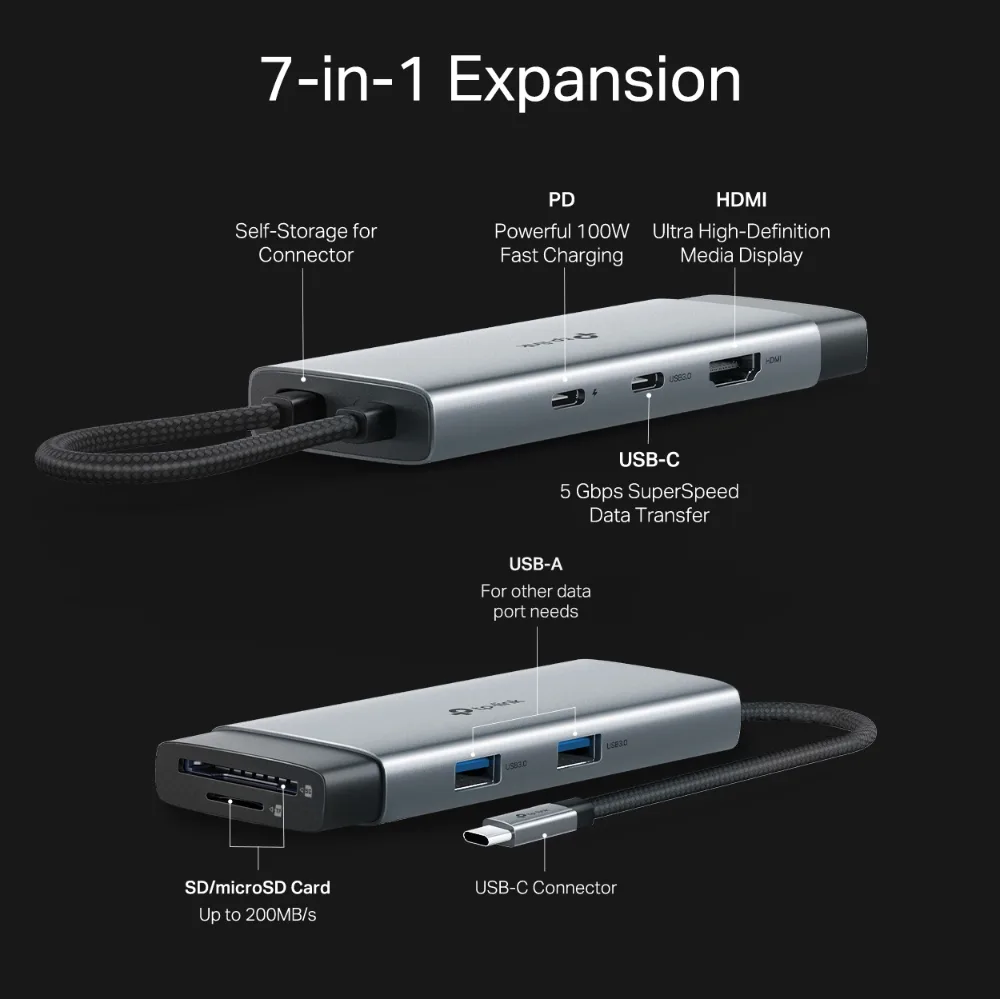Хаб USB TP-LINK UH7020C USB-C > 2xUSB3.0/1xUSB-C/xHDMI/1xSD/1xmicroSD/1xPD 100Wh