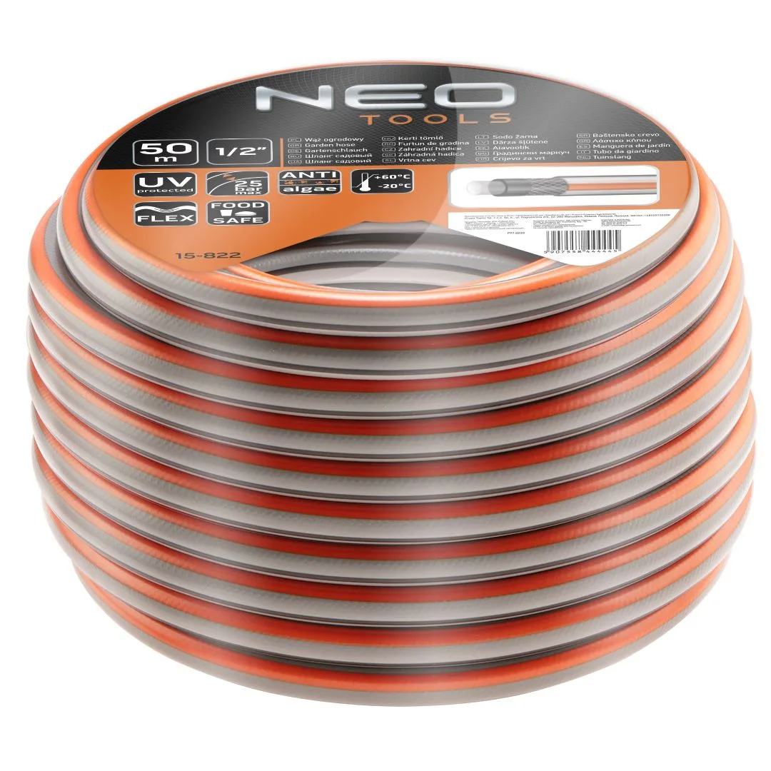 Садовий шланг Neo Tools Optima, 1/2", 50м, 4-шаровий, витримує тиск до 25 бар, температурний діапазон -20...+60°C.