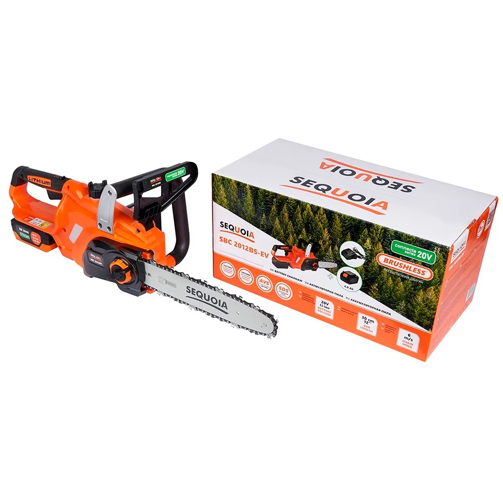 Акумуляторна ланцюгова пила SEQUOIA SBC2012BS-EV 20В, 1х4.0А·год, шина 30 см, 1/4", швидкість 6.0 м/с, вага 3.2 кг.