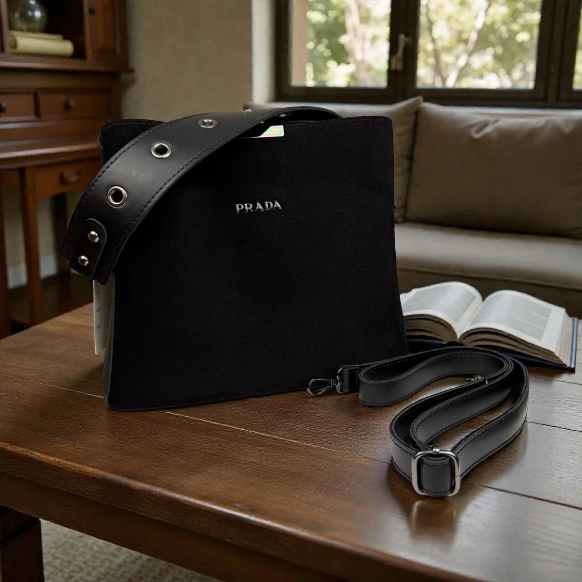 Замшевый женский рюкзак Prada черный натуральная замша 27х11х23 см