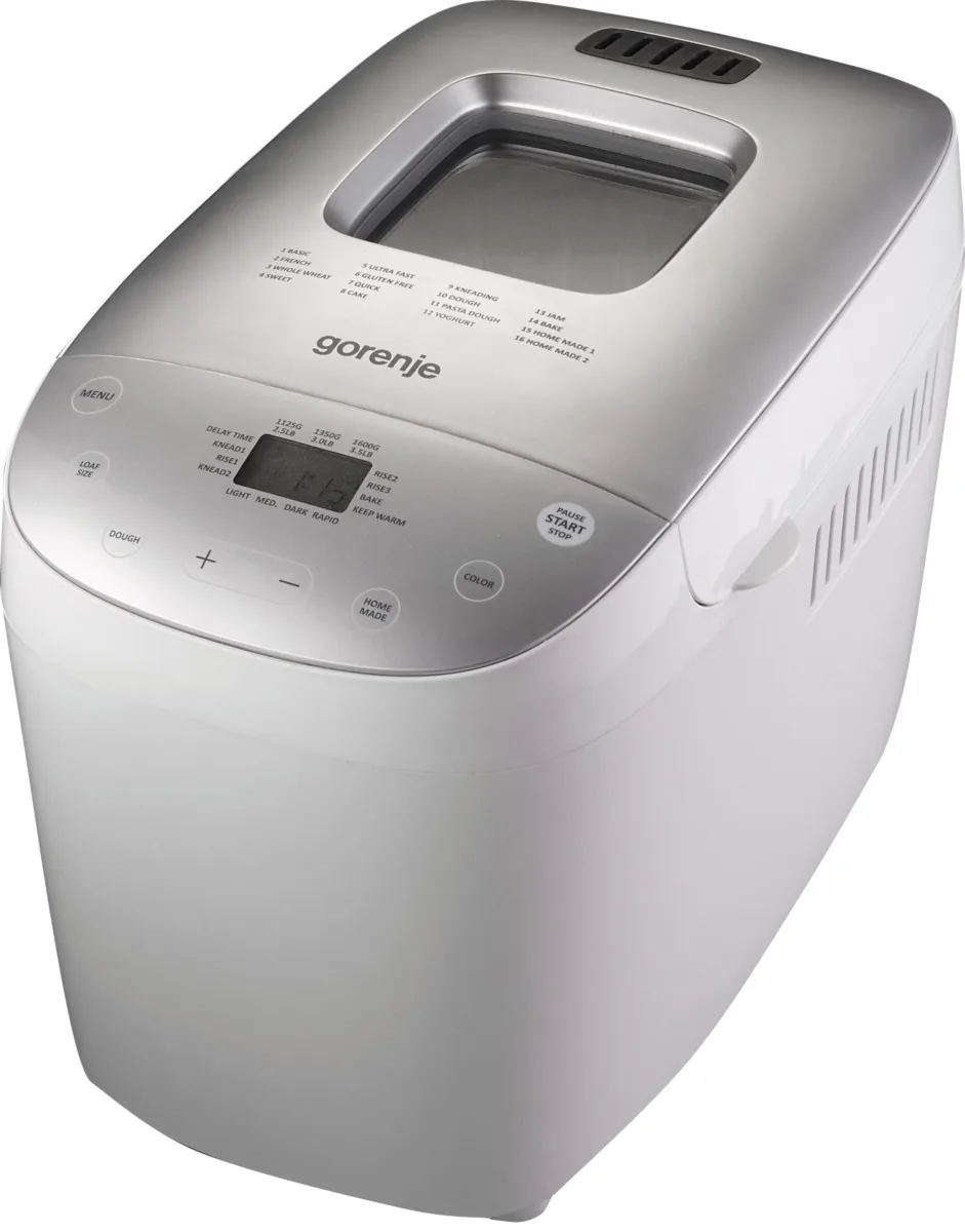 Хлібопічка Gorenje потужністю 850 Вт, з однією програмою, максимальною вагою 1.6 кг, прямокутної форми, виготовлена з пластику, сі