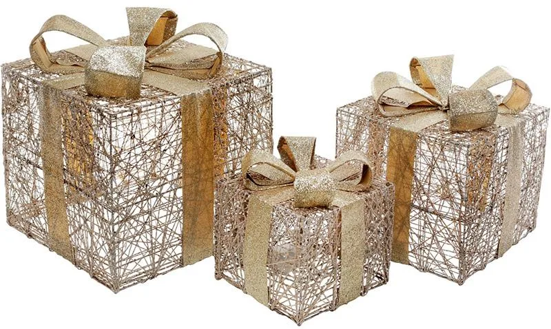 Набір подарункових коробок New Year Gifts з LED-підсвіткою шампань 3 шт 15х20 см, 20х25 см, 25х30 см