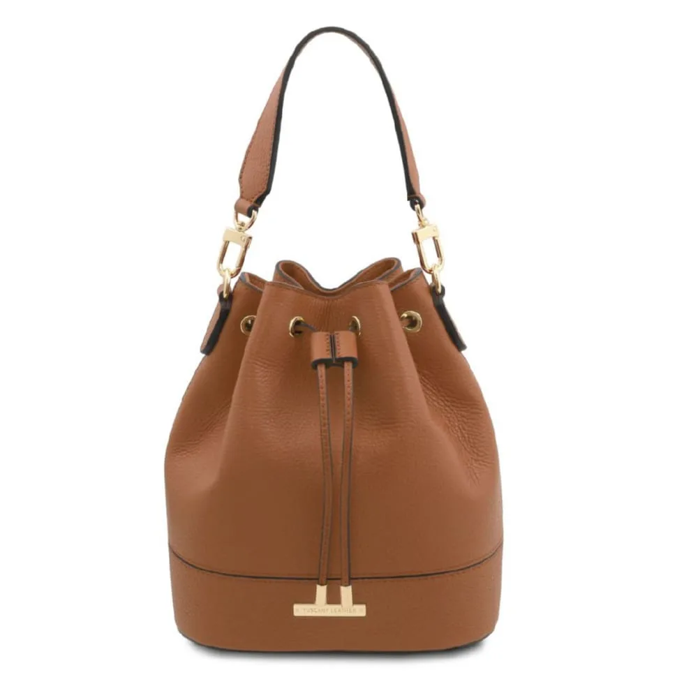 Женская сумка ведро Tuscany натуральная кожа коньяк регулируемый ремень bucket bag для повседневного использования