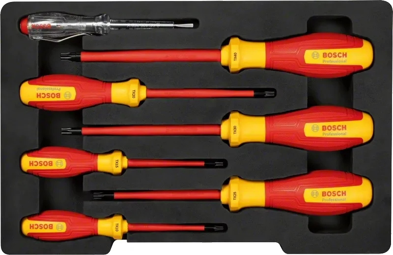 Отвертки Bosch Professional VDE 7шт изолированные для электромонтажа тестер напряжения плоские TX