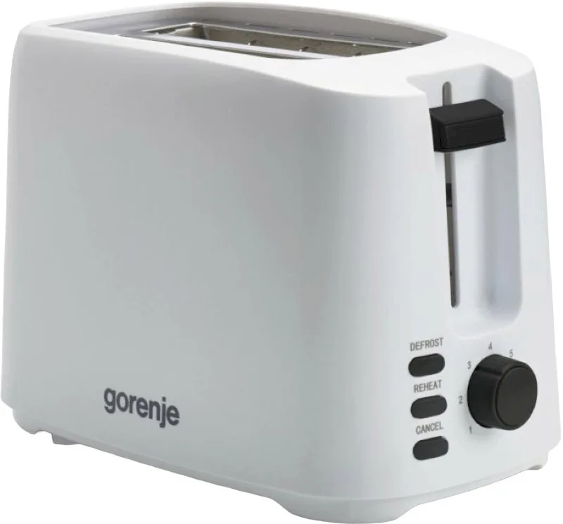 Тостер Gorenje, потужність 850 Вт, функція розморожування, автоматичне вимкнення, пластиковий корпус, білий колір.
