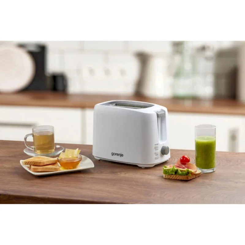 Тостер Gorenje, потужність 850 Вт, функція розморожування, автоматичне вимкнення, пластиковий корпус, білий колір.