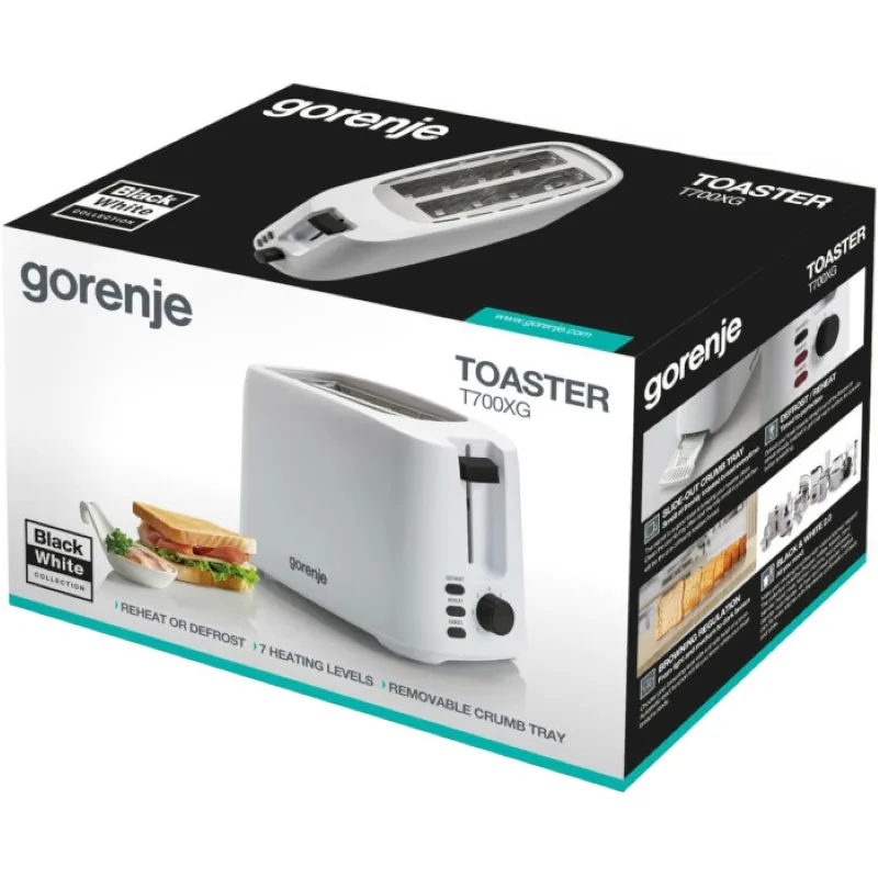 Тостер Gorenje, потужність 850 Вт, функція розморожування, автоматичне вимкнення, пластиковий корпус, білий колір.