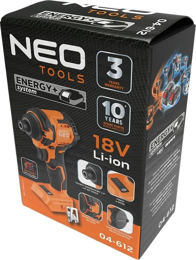 Ударний гайковерт Neo Tools Energy+ 18В, 300Нм, 3600об/хв, 1/4", 4 швидкості, 0.85кг, без акумулятора та зарядного пристрою.