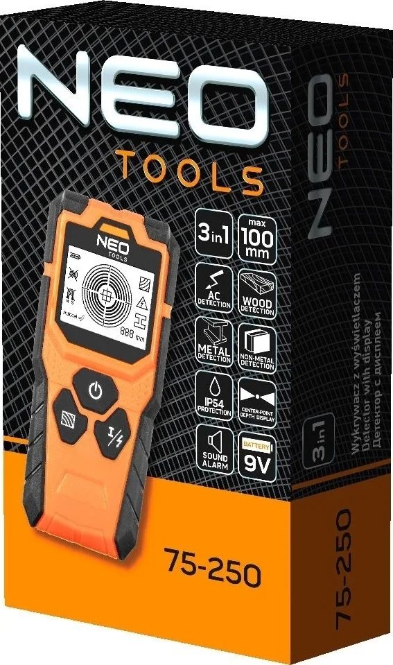 Детектор Neo Tools, діапазон 20-100 мм, захист IP54, з чохлом, вага 0.164 кг.