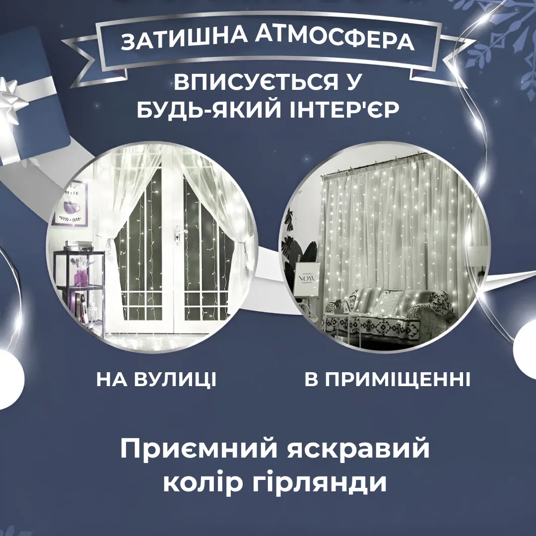 Гірлянда світлодіодна водопад 3х3 м 270 LED біла 10 ліній 8 режимів