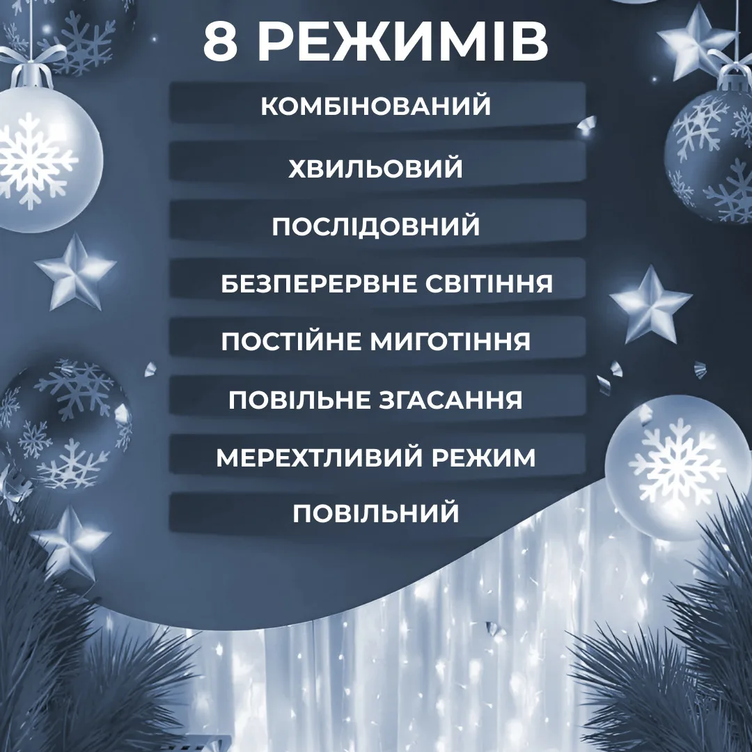 Гірлянда світлодіодна водопад 3х3 м 270 LED біла 10 ліній 8 режимів