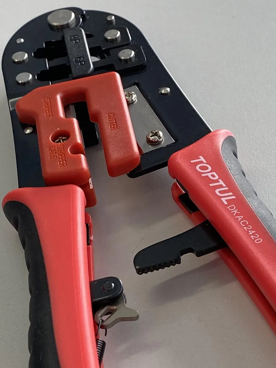 Кліщі для обтиску та зачистки RJ11 RJ12 RJ45 Toptul DKAC2420 тріскачкові 203 мм PP TPR чорні