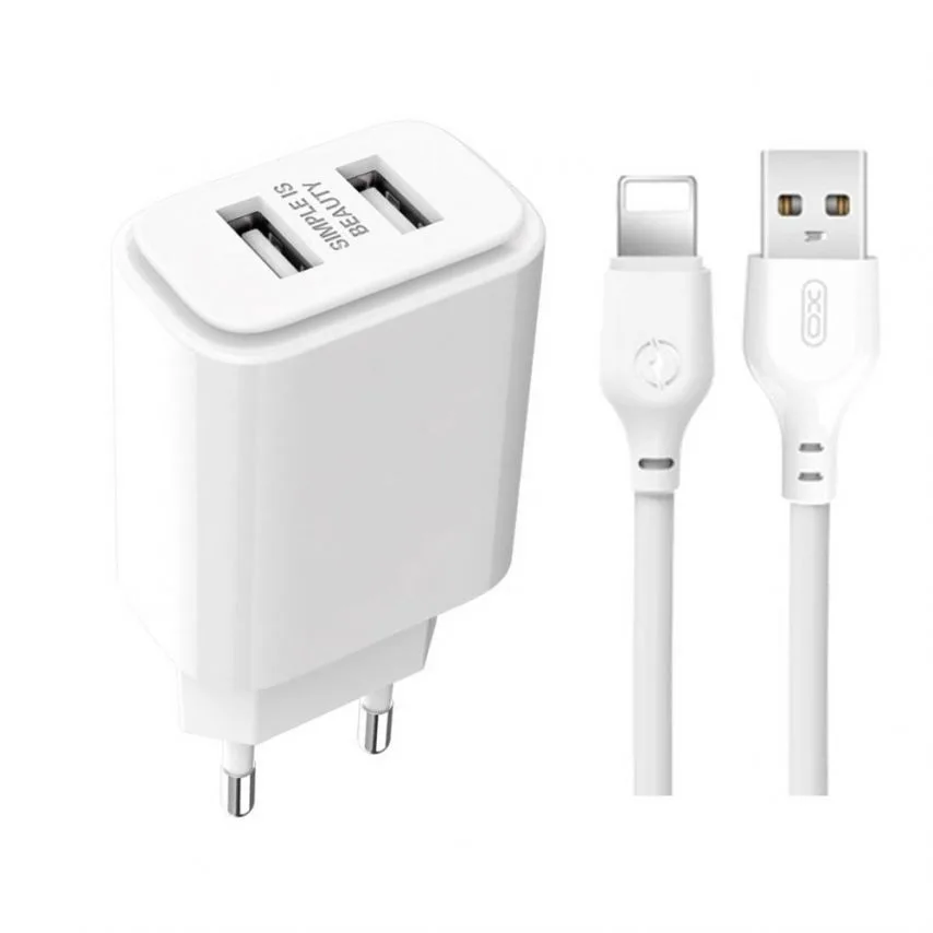 Зарядний пристрій XO 2USB 2.4A з кабелем Lightning 1м Білий
